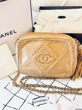 CHANEL Tan Quilted Lambskin Crossbody Camera Bag with Chain and Tassel
